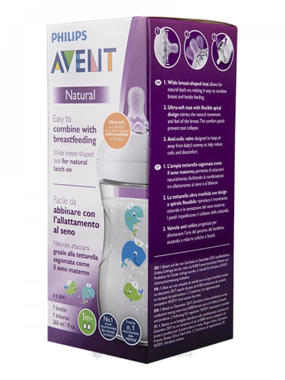 Philips Avent pudelīte Natural Whale 1M+, 260 ml