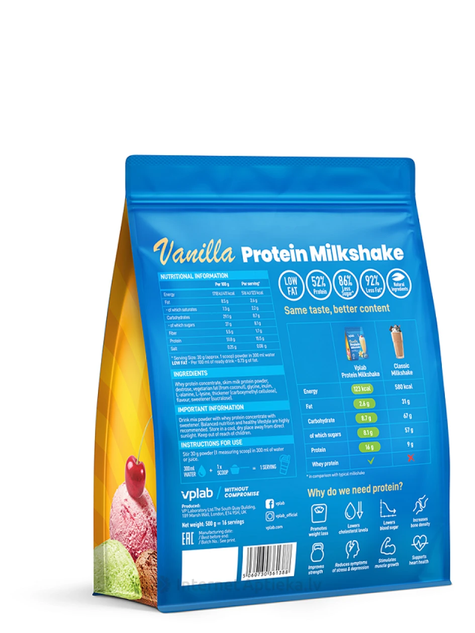 VPLAB Proteīna piena kokteilis Vanila, 500 g | internetaptieka.lv