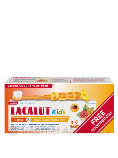 Lacalut Kids 2-6 gadi zobu pasta + zobu birste dāvanā, 55 ml | internetaptieka.lv