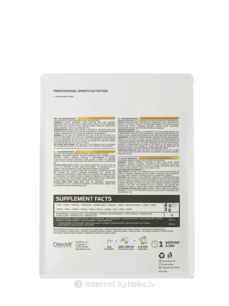 OstroVit Creatine Monohydrate pulveris Mango, 500 g | internetaptieka.lv