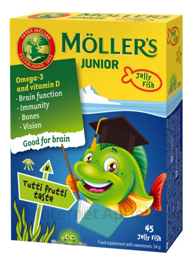 Möller′s Omega-3 Junior zivju eļļa ar augļu garšu, 45 pastilas | internetaptieka.lv