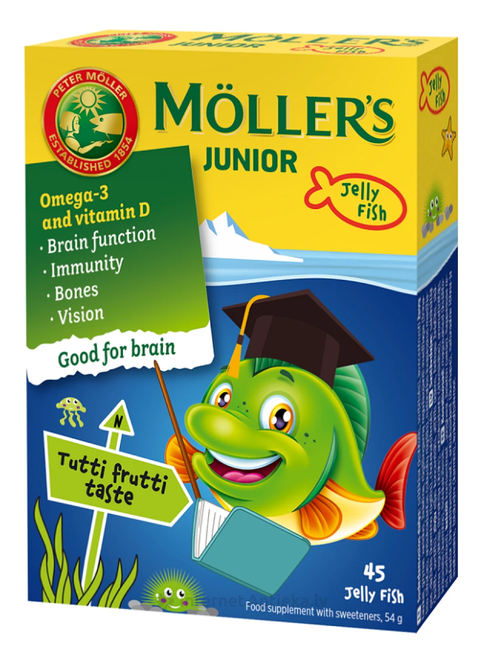 Möller′s Omega-3 Junior рыбий жир для детей, с фруктовым вкусом, 45 пастилок. | internetaptieka.lv