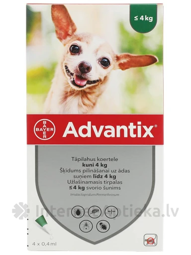 Advantix 40мг раствор.0,4мл для собак до 4кг, 4 шт. | internetaptieka.lv