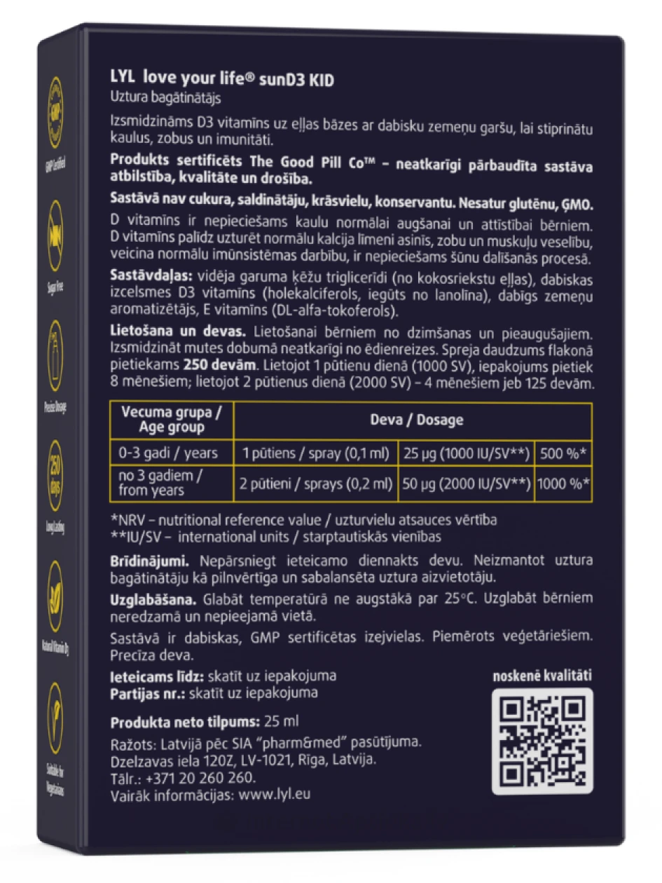 LYL sunD3 KID 1000 SV (250 доз), спрей, 25 мл | internetaptieka.lv