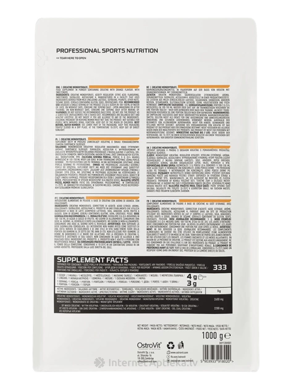 Ostrovit 100% creatine monohydrate Orange pulveris, 1000 g | internetaptieka.lv