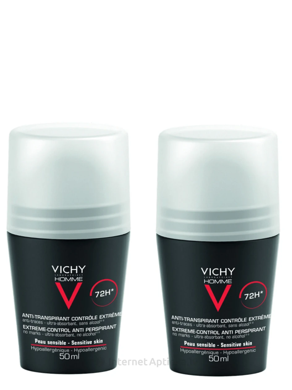 Vichy Homme 72HR dezodorantas-antiperspirantas Extreme Control rutulinis dezodorantas, 2 x 50 ml | internetaptieka.lv