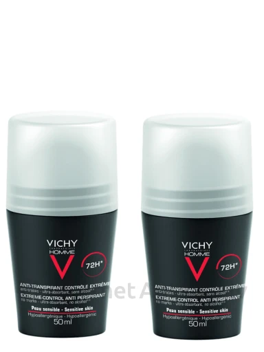 Vichy Homme 72HR dezodorants-antiperspirants Extreme Control Roll-On, 2x50 ml | internetaptieka.lv