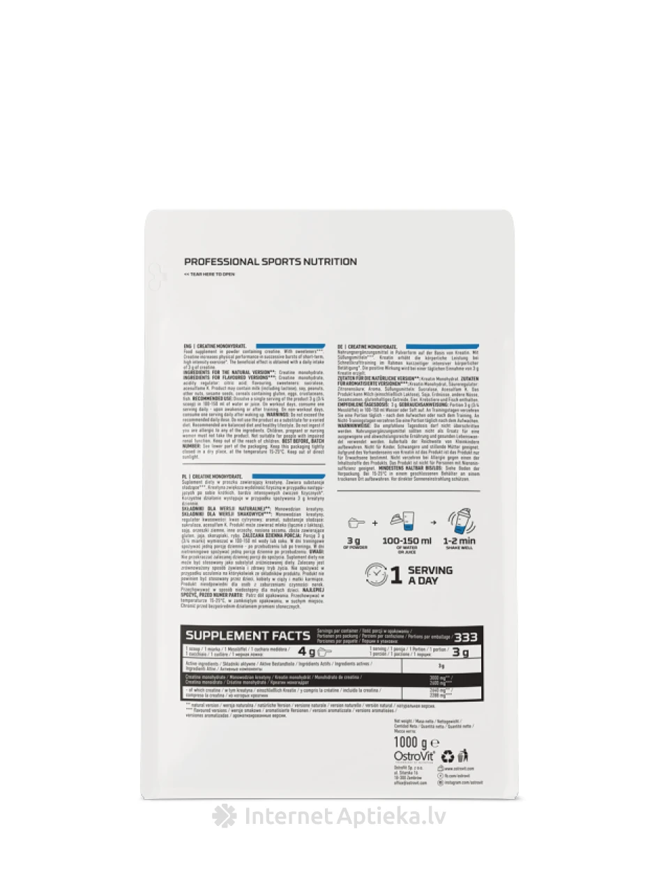 OstroVit 100% Creatine Monohydrate Lemon Pulveris, 1000 g | internetaptieka.lv