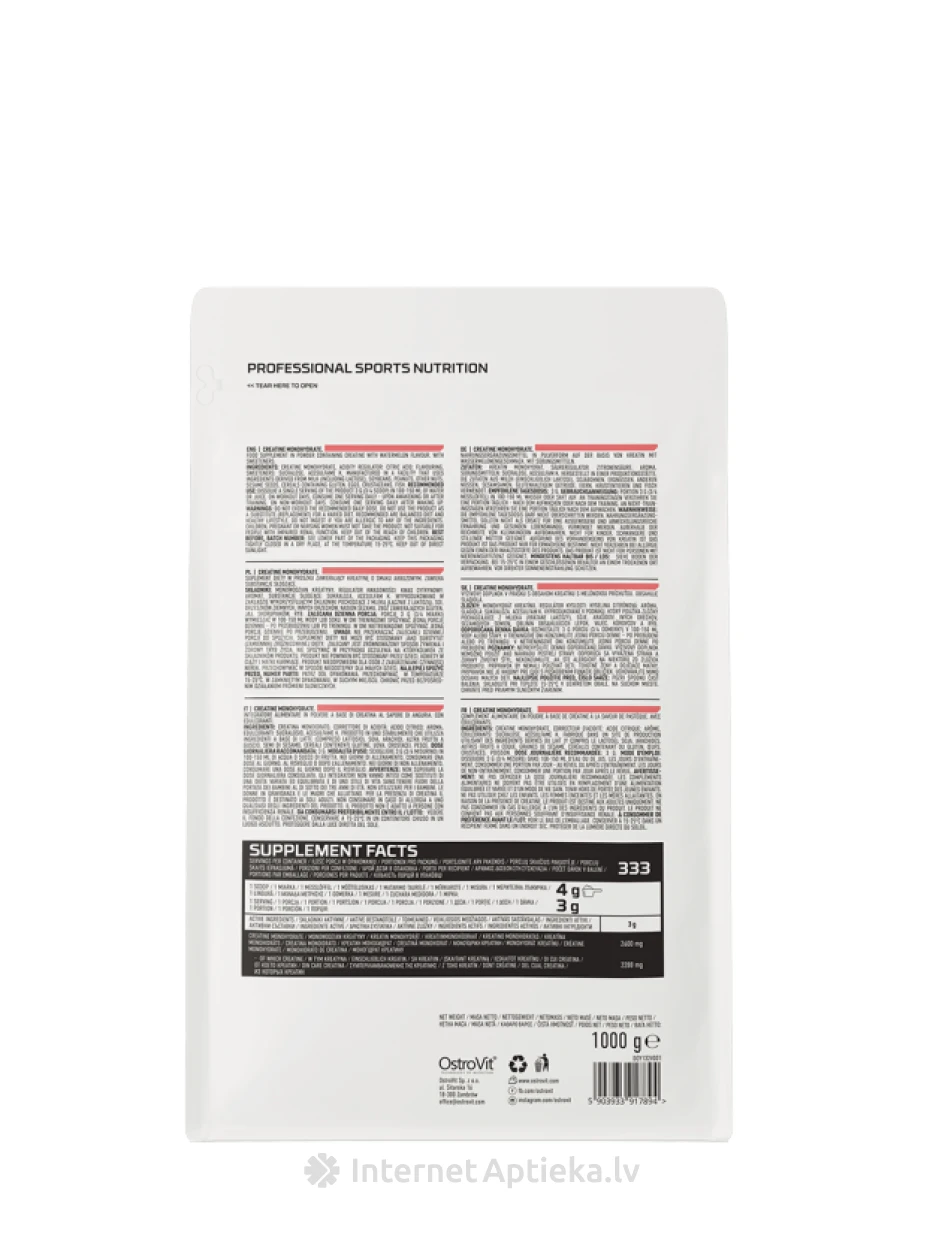 OstroVit 100% Creatine Monohydrate Watermelon Pulveris, 1000 g | internetaptieka.lv