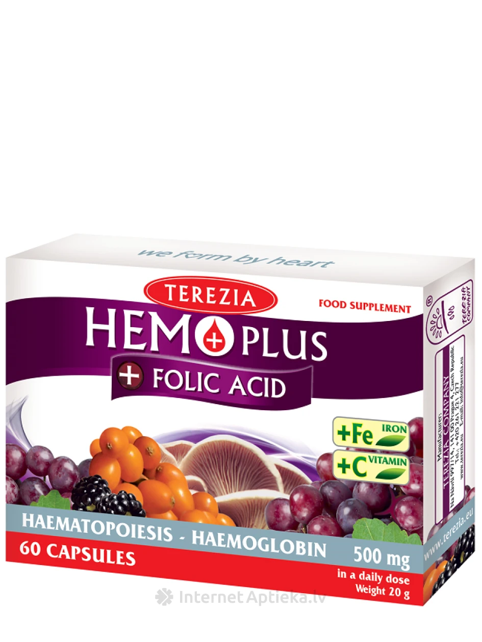 Terezia Hemoplus ar C vitamīnu, dzelzi un folskābi, 60 kapsulas | internetaptieka.lv