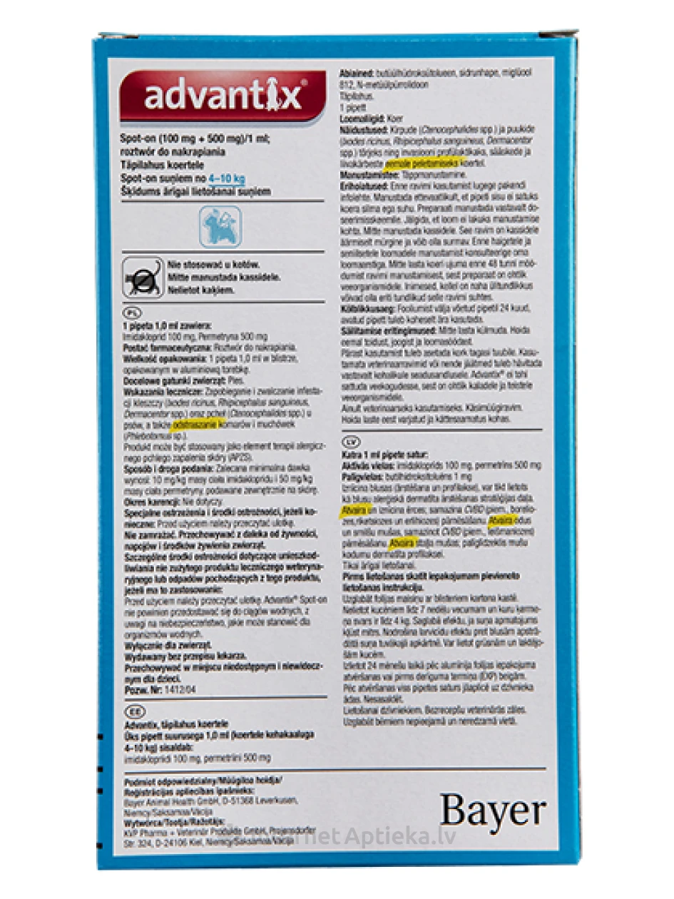 Advantix šķīdums pret blusām un ērcēm suņiem 4-10 kg, 1 gb. | internetaptieka.lv