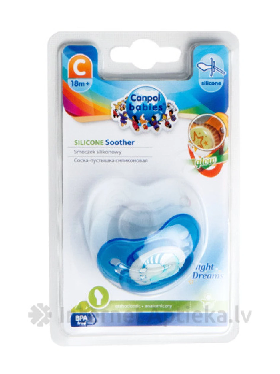 Canpol силиконовая соска-пустышка Night Dreams, ортодонтическая -. 18+ мес., 1 шт. | internetaptieka.lv