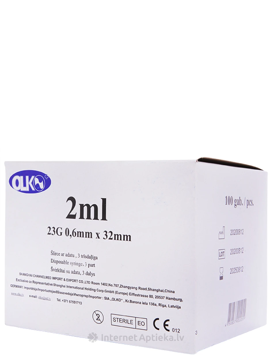 Olko süstal 2 ml, 23 G, 3-osaline, nõelaga 0,6 x 32 mm, 100 tk. | internetaptieka.lv