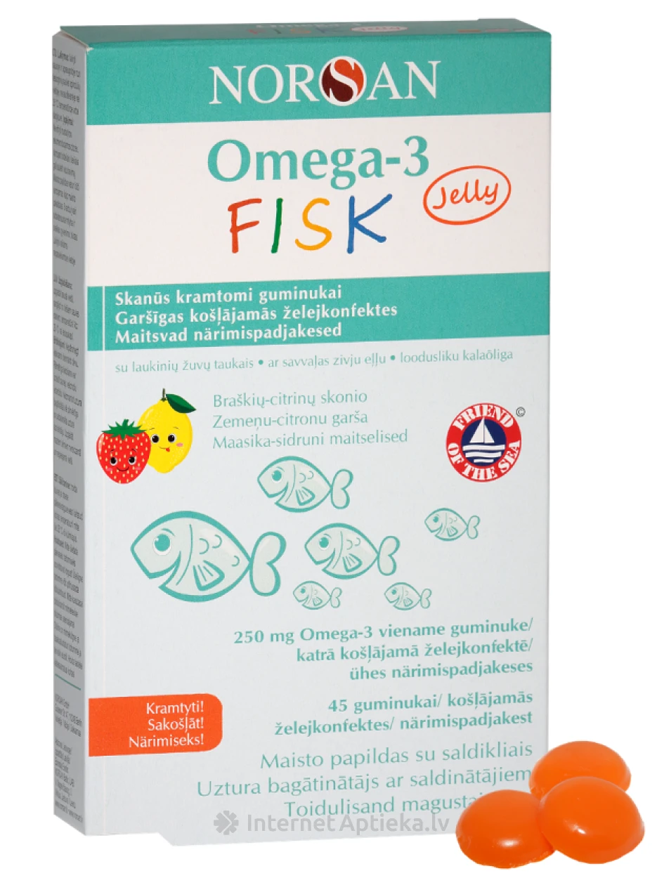 NORSAN OMEGA-3 ŽUVIES ŽELĖ su citrinų ir braškių skoniu, 45 želė saldainiai | internetaptieka.lv