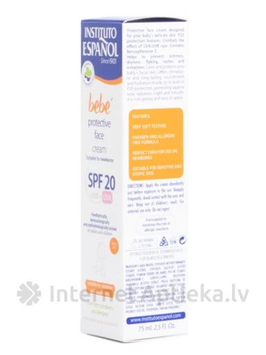 Instituto Espanol Bebe Newborn Sun SPF20+ päikesekaitse näokreem lastele, 75 ml | internetaptieka.lv