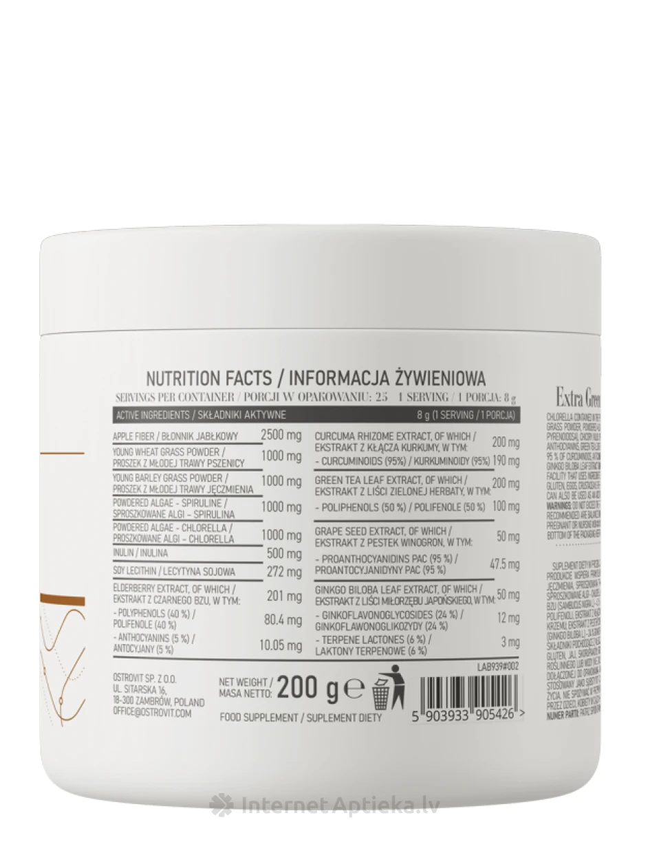 OstroVit Extra Green Detox pulber, 200 g | internetaptieka.lv