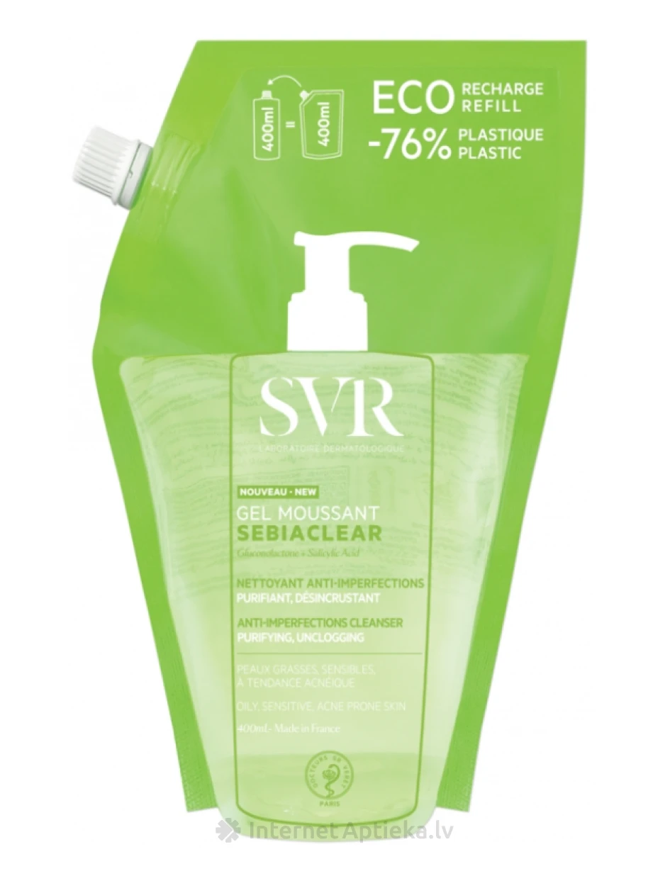 SVR SEBIACLEAR GEL MOUSSANT гель для умывания без мыла для жирной, проблемной кожи Refill, 400 ml | internetaptieka.lv