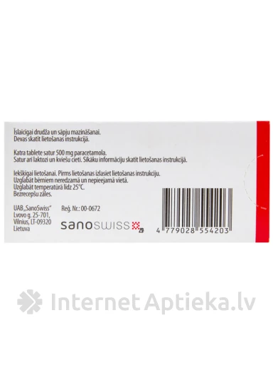 Paracetamol SanoSwiss 500 mg, 20 tabletes | internetaptieka.lv
