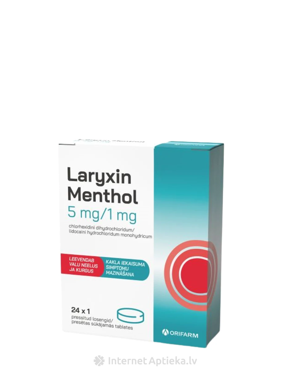 Laryxin Menthol 5mg/1mg сосательные таблетки, 24 шт. | internetaptieka.lv