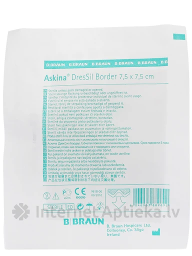 ASKINA DRESSIL BORDER 7,5 СМ X 7,5 СМ ПОВЯЗКА С ОСТРОВКОМ, СТЕРИЛЬНАЯ, 1 ШТ. | internetaptieka.lv