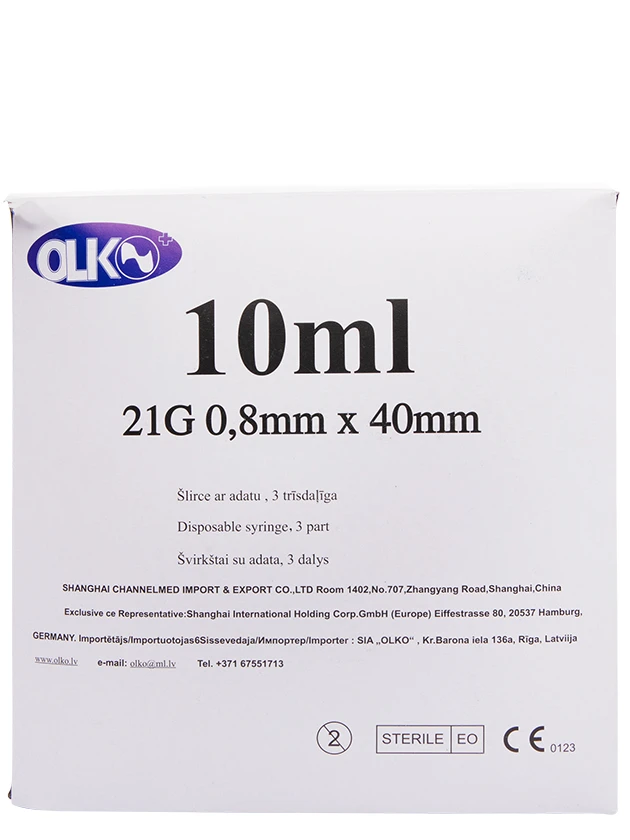OLKO šļirce 10 ml ar adatu 21G 0,8 x 40 mm, 3-daļīga, 100 gab.