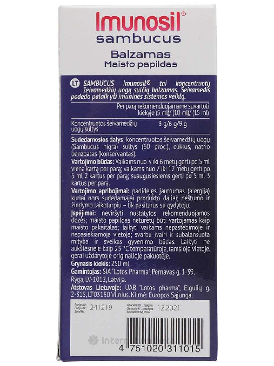 Imunosil Sambucus palsam - leedripuu puuviljamahl, 250 ml | internetaptieka.lv