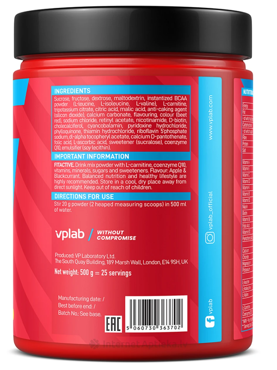 Vplab FitActive Apple and Blackcurrant Pulveris, 500 g | internetaptieka.lv