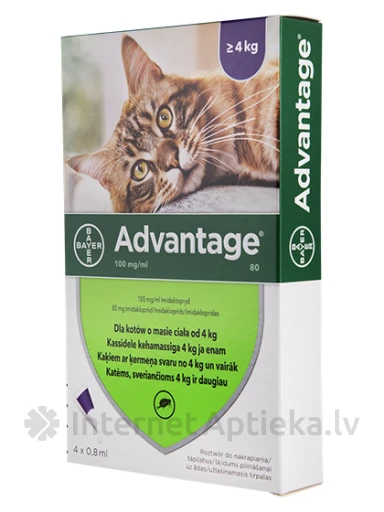 Advantage раствор от блох для кошек более 4 кг, 0.8 мл 80 мг 10%, 4 шт. | internetaptieka.lv