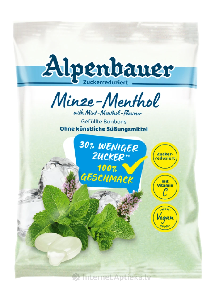 Alpenbauer piparmētru mentola konfektes ar piparmētru ziediem, 60 g | internetaptieka.lv