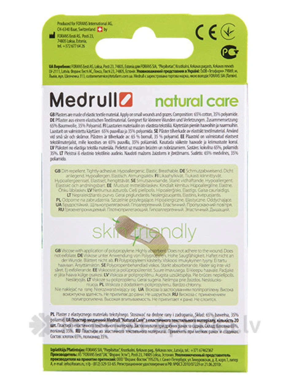 Medrull Natural Care baktericīdais plāksteris, auduma, 20 gab. | internetaptieka.lv