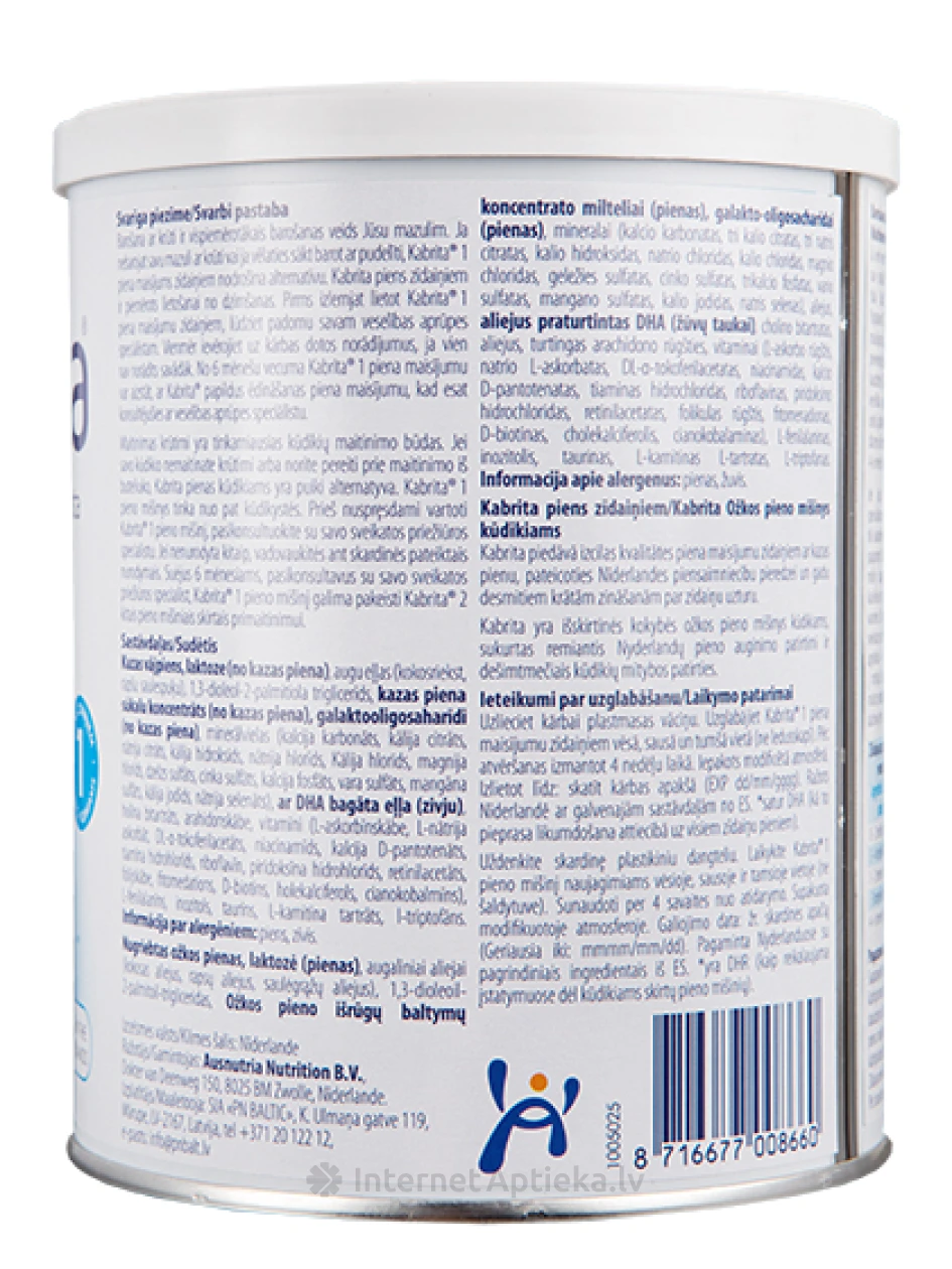 Kabrita 1 Piimasegu kitsepiimast paremaks seedimiseks alates 0 kuust, 400 g | internetaptieka.lv