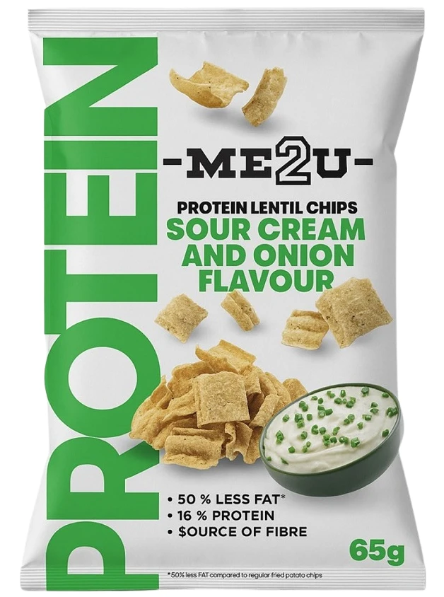 ME2U Proteīna lēcu čipsi ar skāba krējuma un sīpolu garšu, 65 g