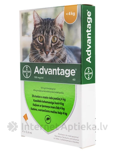 Advantage раствор от блох для кошек до 4 кг, 0.4 мл 40 мг 10%, 4 шт. | internetaptieka.lv
