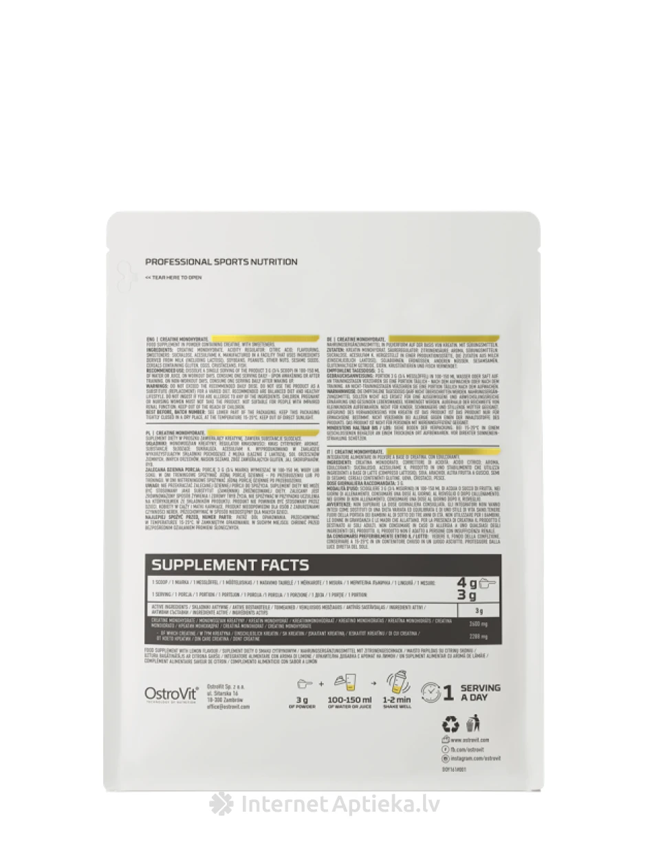 OstroVit Creatine Monohydrate Pulveris (lemon, sport blue), 500 g | internetaptieka.lv