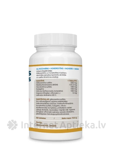 Glükosamiin + kondroitiin + ingver + msm, 60 tabletti | internetaptieka.lv