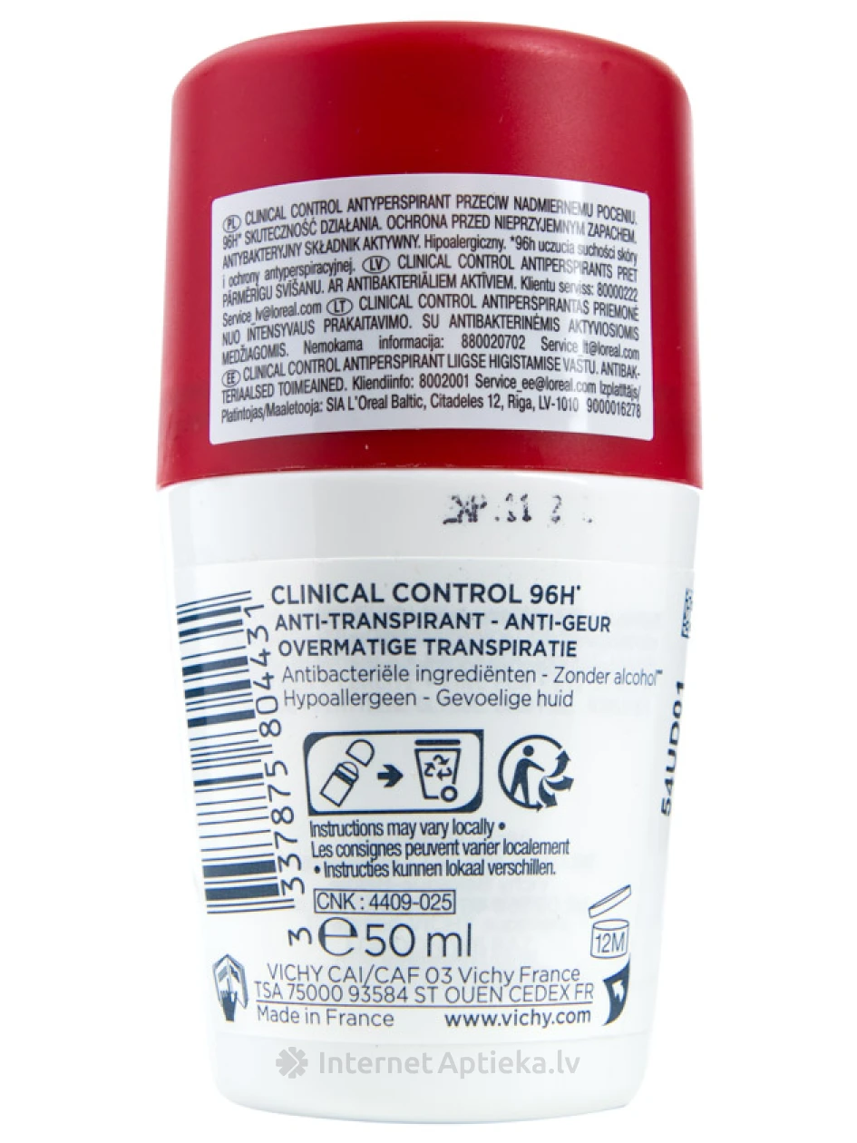 Vichy Deo Roll Clinical kontrolldeodorant 96 tundi., 50 ml | internetaptieka.lv