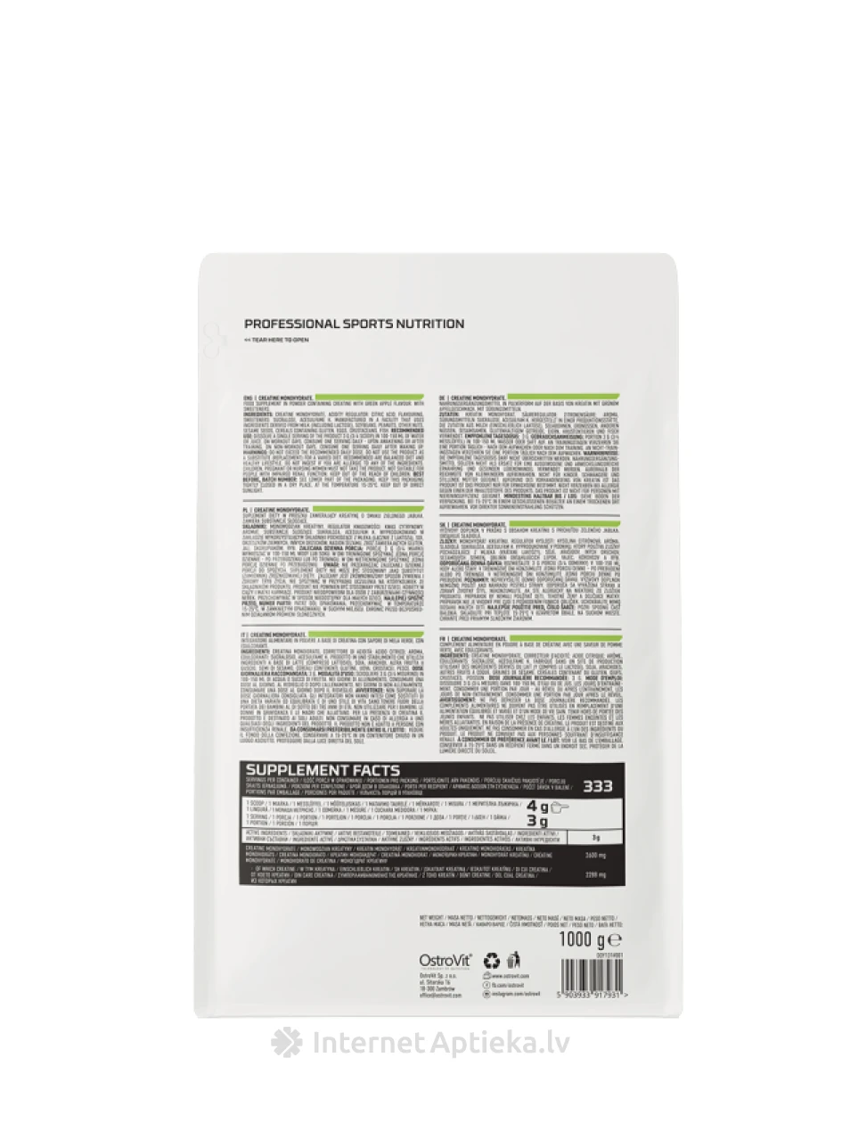 Ostrovit 100% creatine monohydrate (green apple) pulveris, 1000 g | internetaptieka.lv