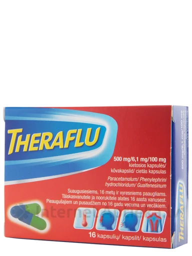 Theraflu 500 / 6.1 / 100 мг, 16 капсул | internetaptieka.lv