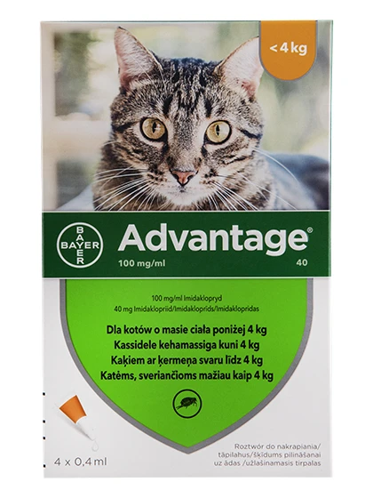 Latvia product data sample: Advantage šķīdums pret blusām kaķiem līdz 4 kg, 0.4 ml 40 mg 10%, 4 gb.