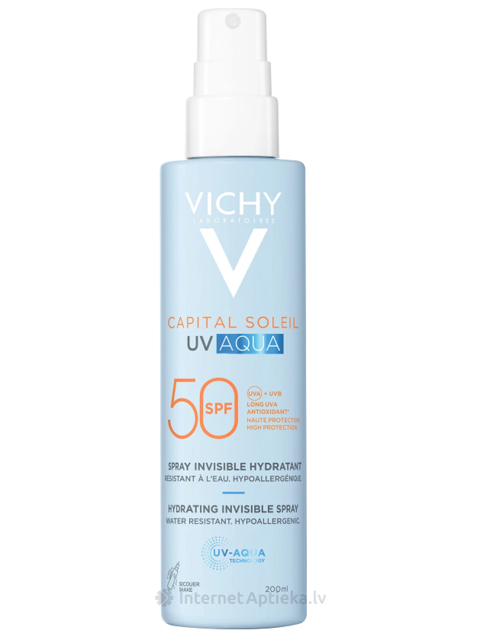 VICHY CAPITAL SOLEIL UV-Aqua SPF 50 kaitsev, pihustatav spreipudel näole ja kehale, 200 ml | internetaptieka.lv