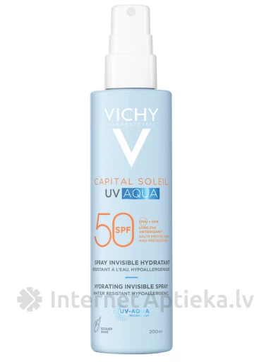 VICHY CAPITAL SOLEIL UV-Aqua SPF 50 kaitsev, pihustatav spreipudel näole ja kehale, 200 ml | internetaptieka.lv