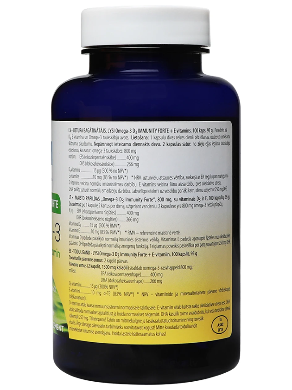 Lysi Immunity Forte zivju eļļa ar D3 + E vitamīniem, 100 kapsulas | internetaptieka.lv