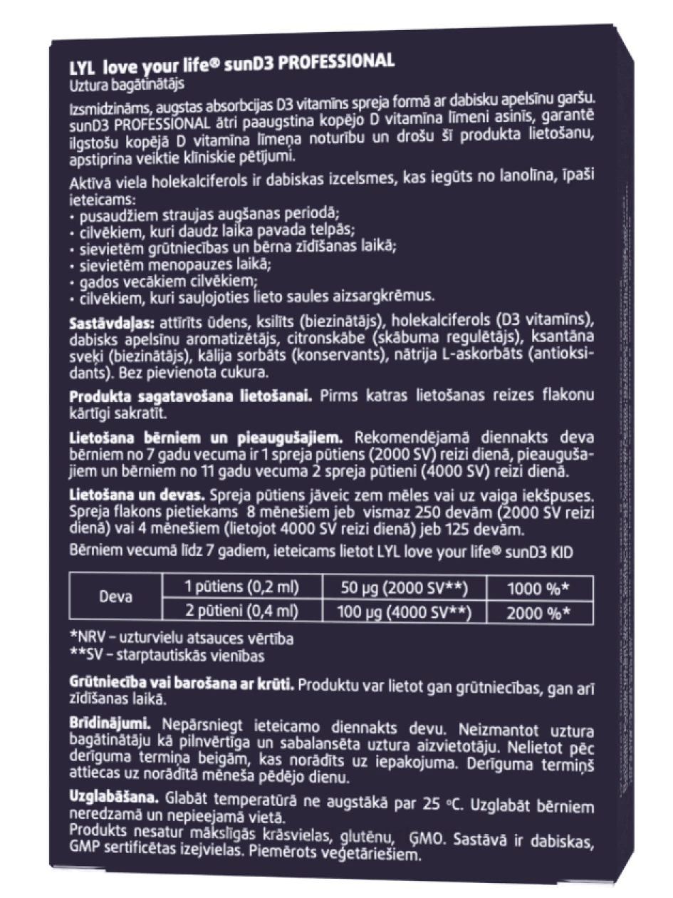 LYL sunD3 PROFESSIONAL 4 000 SV | 2 000 SV, sprejs, 50 ml | internetaptieka.lv