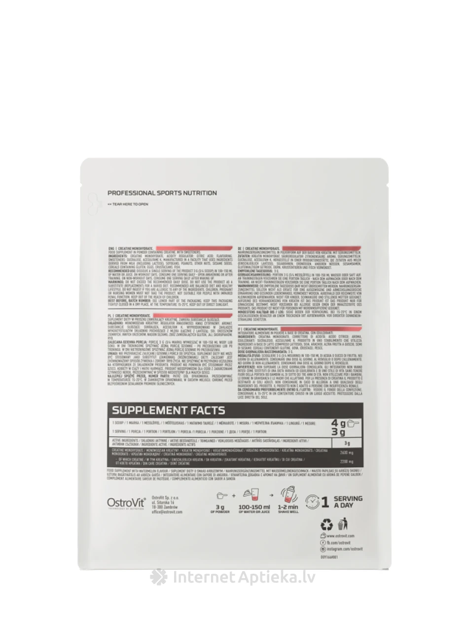 OstroVit Creatine Monohydrate Watermelon Pulber, 300 g | internetaptieka.lv