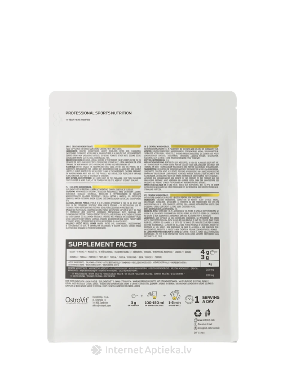 OstroVit Creatine Monohydrate Lemon pulveris, 300 g | internetaptieka.lv