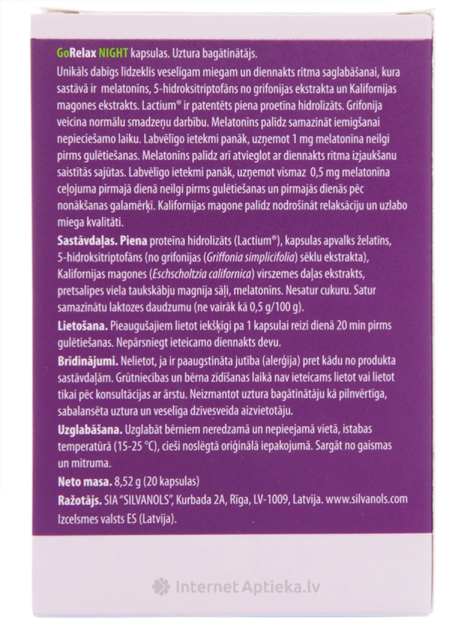 Silvanols GoRelax Night, 20 kapslit | internetaptieka.lv