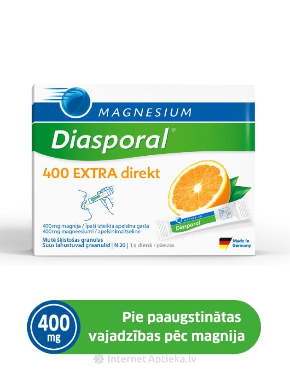Magnesium Diasporal Extra Direkt 400 mg (magnijs), apelsīnu, 20 paciņas | internetaptieka.lv