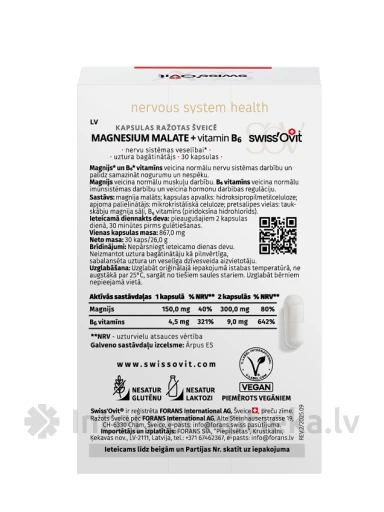 Swiss´Ovit Magnesium Malate 150mg + Vit. B6, 30 капсул | internetaptieka.lv