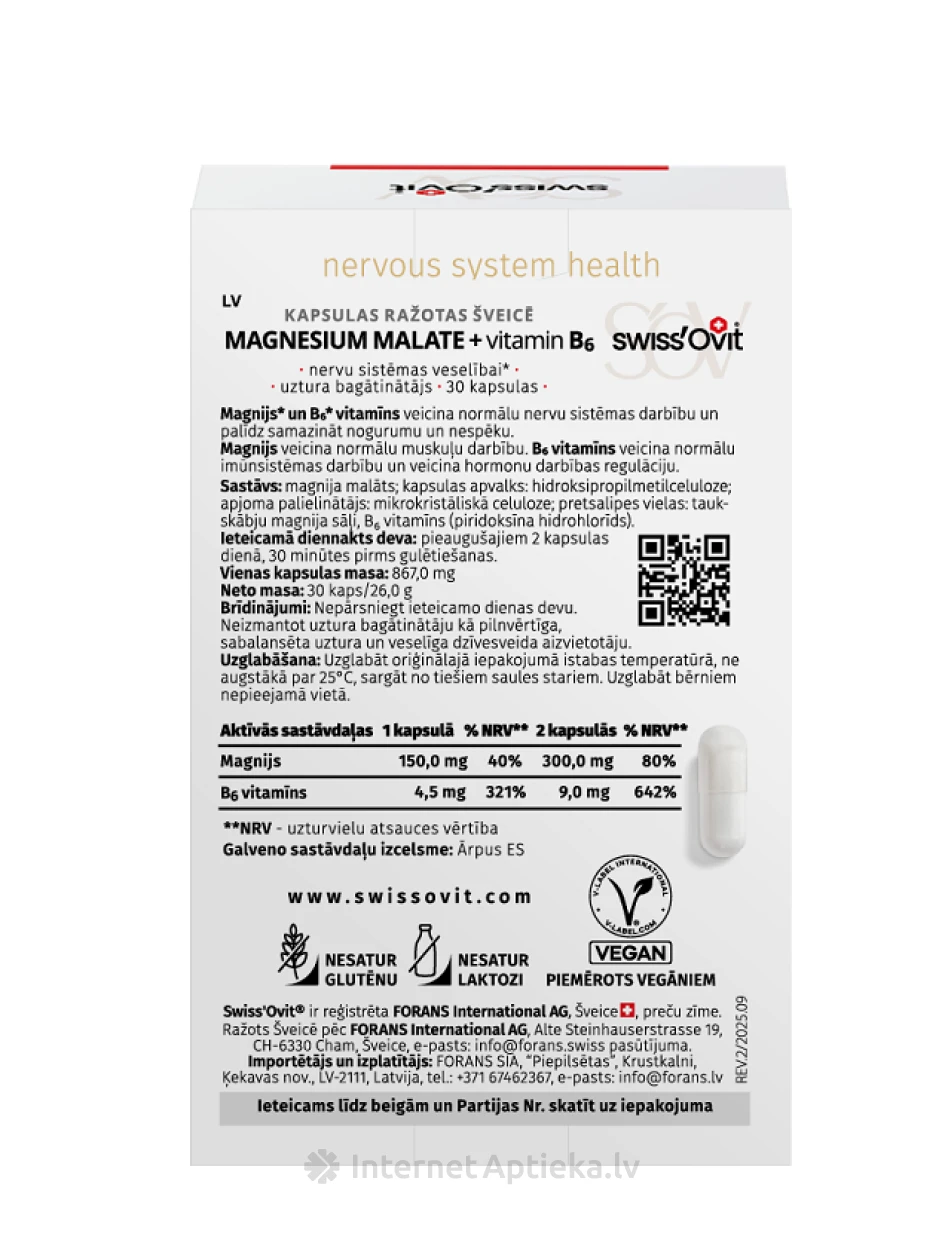 Swiss´Ovit Magnesium Malate 150mg + Vit. B6, 30 капсул | internetaptieka.lv