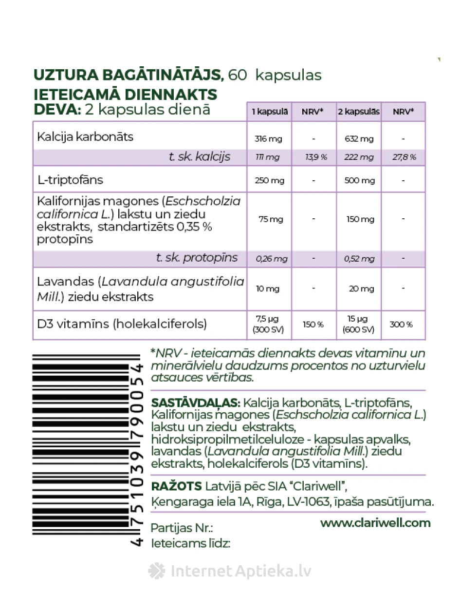 CLARIWELL Somnux unekvaliteedi parandamiseks, 60 kapslit | internetaptieka.lv